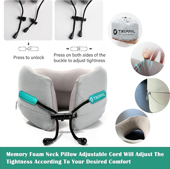 GOLDORANGE Neck Pillows for Travel Memory Foam Airplane Pillow Neck Head Support for Adults Car Home Office Sleeping Rest Travel Accessories Gray M