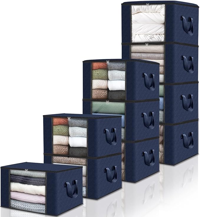 Fab totes 10 Pack Clothes Storage, Foldable Thick Fabric Blanket Storage Bags, Containers for Organizing Bedroom, Closet, Clothing, Comforter,Closet Organization with Handle,Blue