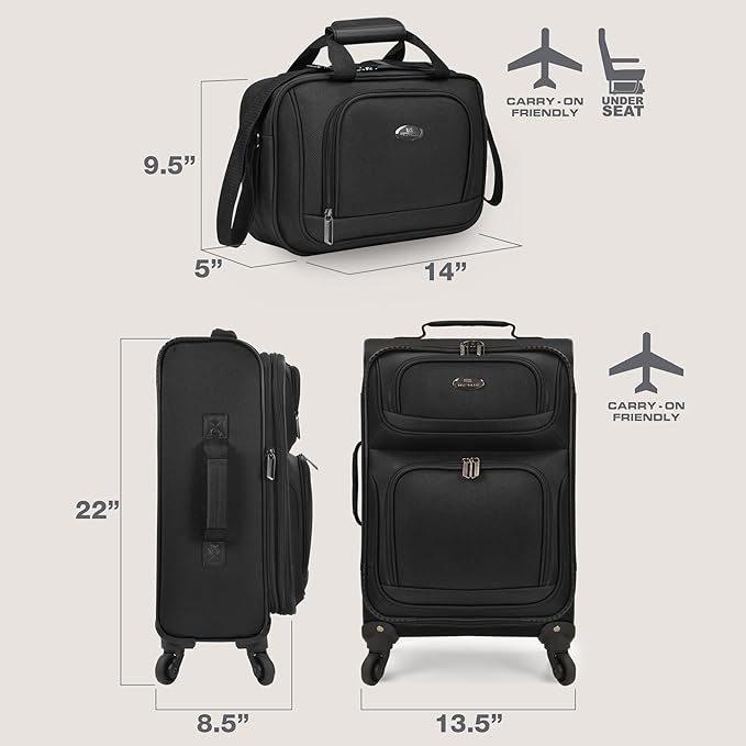 U.S. Traveler Lightweight Rolling 20" Carry On Luggage Softside Suitcase, Black, 4 Wheel