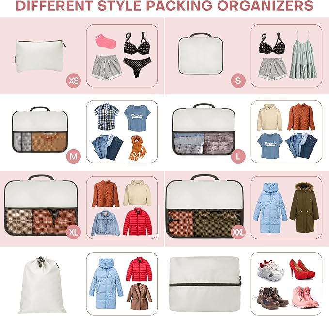 8 PCS Compression Packing Cubes for Travel Women, Compression Bags Organizer for Luggage Space Saving Travel Essentials and Carry on, Luggage Organizer Bags for Suitcase - Beige