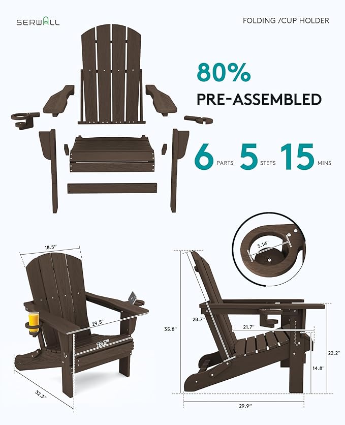 SERWALL Adirondack Chair with Cup Holders - Composite Adirondack Chairs Set of 6 HDPE Outdoor Chairs All Weather Use- Coffee