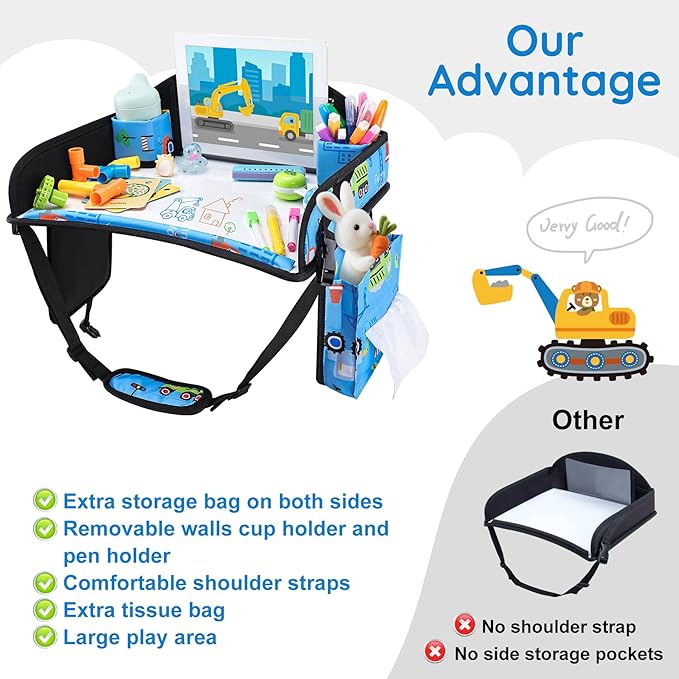 Kids Travel Tray, Kids Travel Trays for Car Seat, Road Trip Essentials for Toddler, Carseat Lap Tray with Dry Erase Board & Storage Organizer for Road Trip Activities for Kid, Light Blue