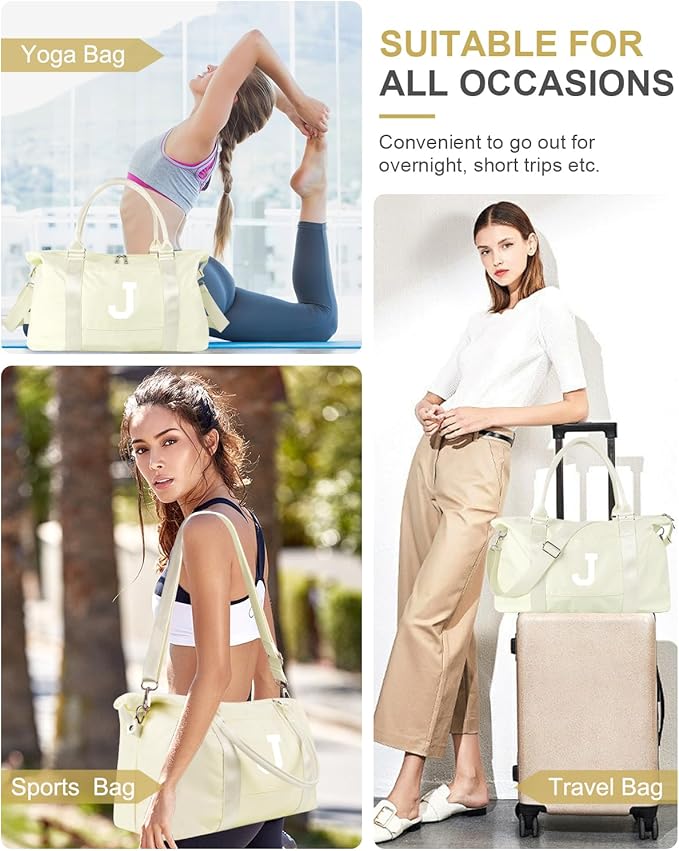 Initial Travel Duffel Bag Sports Gym Bag for Kids Teen Birthday Gifts,Beige Personalized Weekender Bag Carry On Dance Bags for Women Men,Waterproof Monogram Overnight Bag with Trolley Sleeve(Letter J)