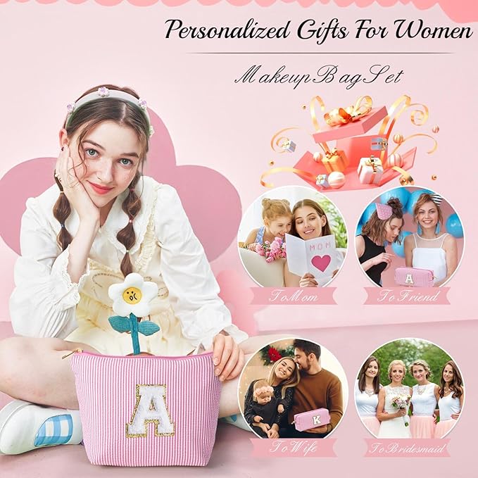 YOOLIFE Initial Makeup Bag for Girls, Travel Cosmetic Bag with Small Makeup Brush Bag Cute Makeup Bag Toiletry Travel Bag Personalized Wife Friend Gifts Makeup Birthday Gifts for Women Her Pink R