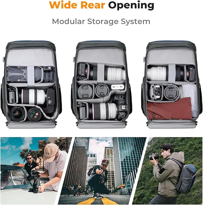 K&F CONCEPT Camera bags Waterproof 25L Large Capacity Camera Case with Raincover Camera Case 15.6 Inch Laptop Compartment Compatible with Canon/Nikon/Sony/DJI Mavic Drone Travel Camera Backpack