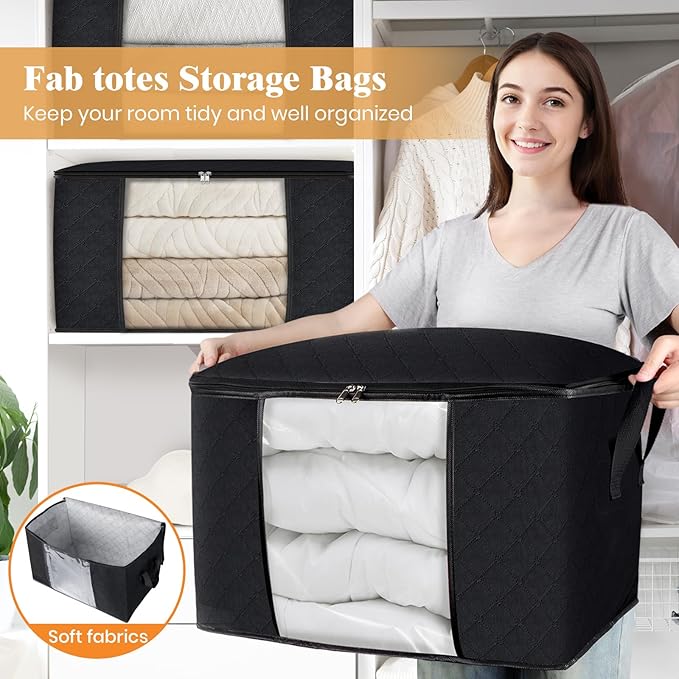 Fab totes 24 Gallons Clothes Storage, Foldable Thick Fabric Blanket Storage Bags, Containers for Organizing Bedroom, Closet, Clothing, Comforter, Organization with Handle (3 Pack,Black)