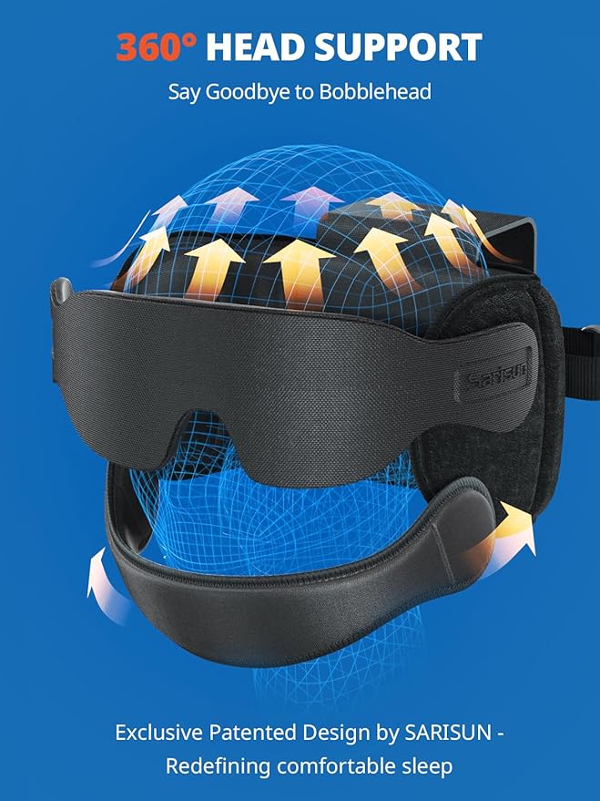 Travel Pillow Combo with Chin Strap, Airplane Pillows with 3D Eye Mask for Sleeping, 360° Support Plane Head Strap for All Plane Seats, Long Flights Essentials, Stop Bobblehead, Black