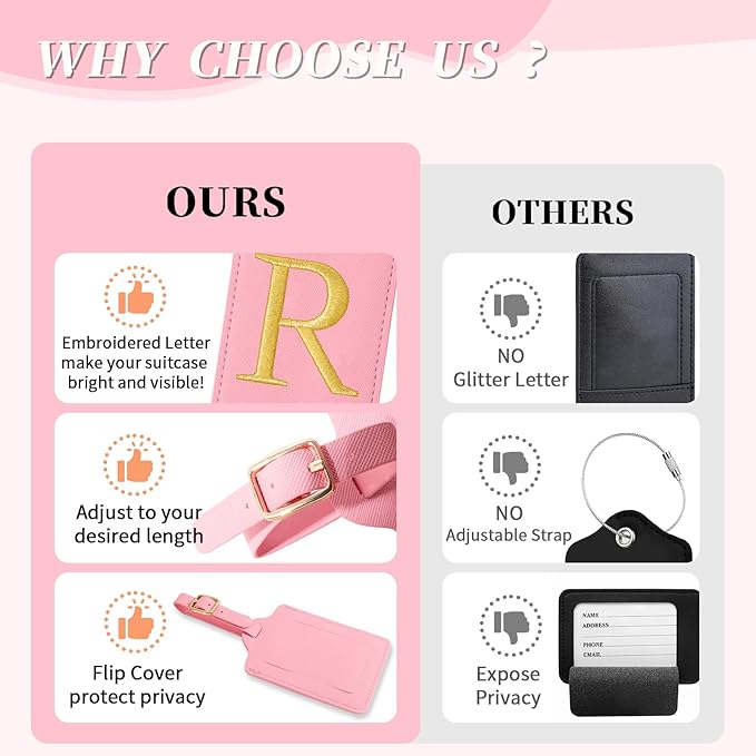 Personalized Initial Luggage Tags for Suitcase, Pink Leather Cute Luggage Tags with Privacy Cover Name Card, Embroidered Custom Monogrammed Luggage Tag Travel Bag Baggage Tags Gifts for Women Kids(R)