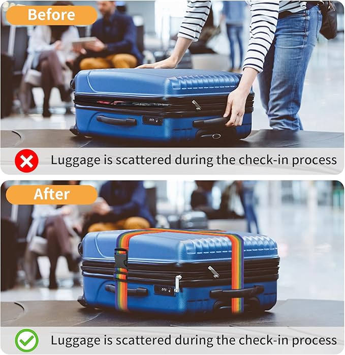 BILIONE 4 Pack Luggage Straps 79" Long Belts Keep Suitcase Secure While Traveling, TSA Approved Add a Bag Premium Accessory for Travel Bag Closure (4 Pcs Rainbow)