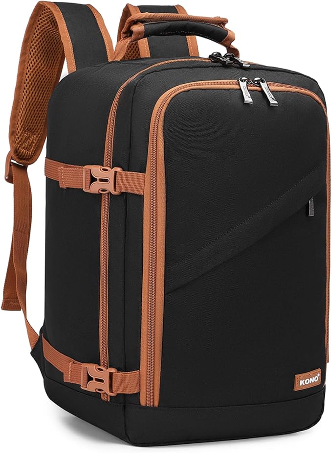 Kono Carry on Backpack, 16" Airplane Approved Under Seat Travel Backpack for Men and Women, Waterproof Lightweight Daypack for Flight 20L, Black/Brown