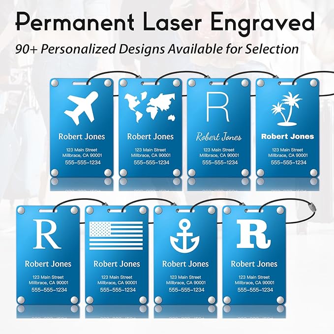 Personalized Luggage Tags: Custom Metal Luggage Tags for Suitcases, Backpacks and Bags with Your Personalized Text (Blue)