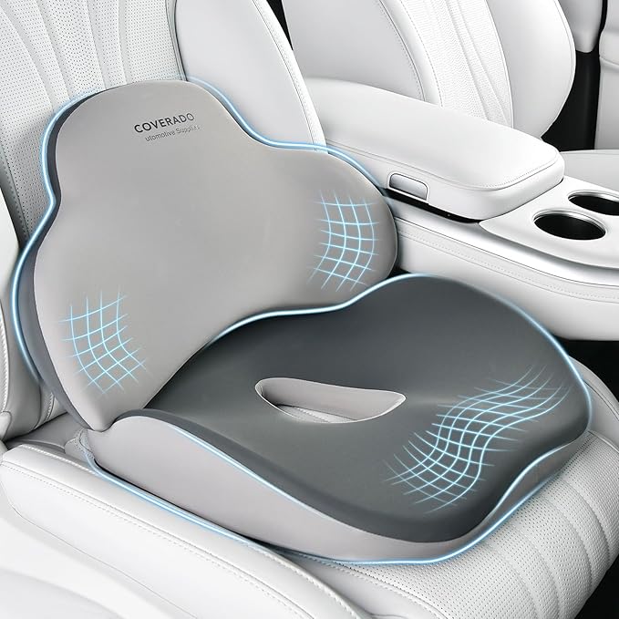 Coverado Seat Cushion and Lumbar Support Pillow for Car Office Chair, Ergonomic Memory Foam Desk Chair Cushion Back Support Pillow, Sciatica & Back & Tailbone Pain Relief Cushion