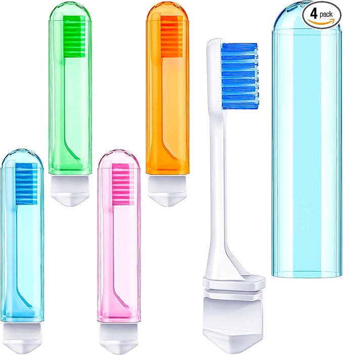 Patelai 4 Pieces Travel Toothbrush Set, Soft Bristle Mini Foldable Tooth Brush with Case, Individually Wrapped Small Portable Travel Size Toiletries Stuff for Camping (Bright Color)