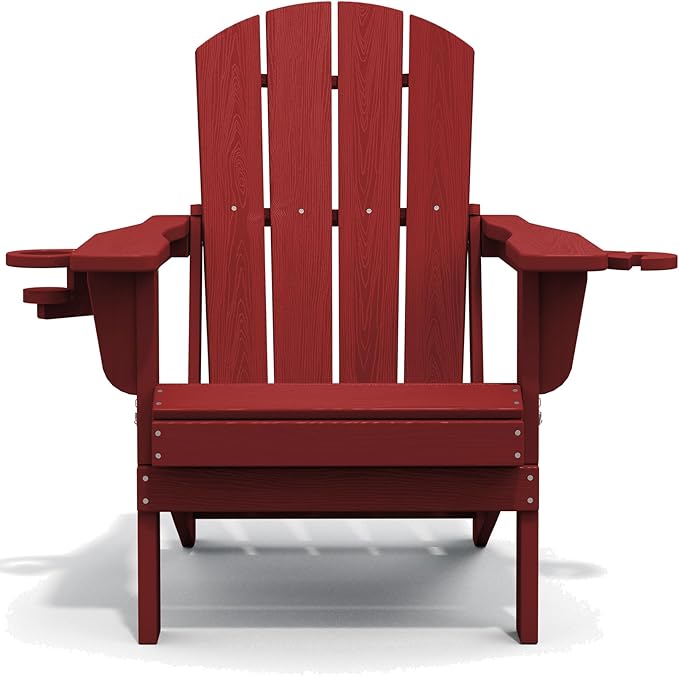 SERWALL Adirondack Chair with Cup Holders - Composite Adirondack Chairs Set of 8 HDPE Outdoor Chairs All Weather Use- Dark Red