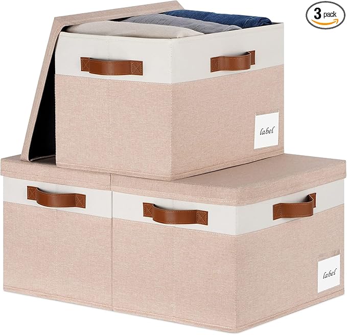 Extra Large Storage Bins with Lids, Foldable Fabric Storage Baskets with Lids, Sturdy Storage Boxes with Labels and 3 PU Handles for Closet Home Bedroom Office (32L, 3 Packs, Pink&White)