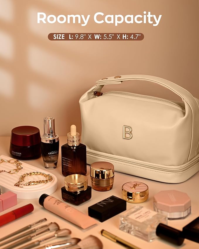 Gifts for Female, Personalized Makeup Bags with Handle, Waterproof Double Layer Cosmetic Bag, Large Capacity PU Leather Makeup Bags Letter Travel Toiletry Bag with Makeup Brush Organizer