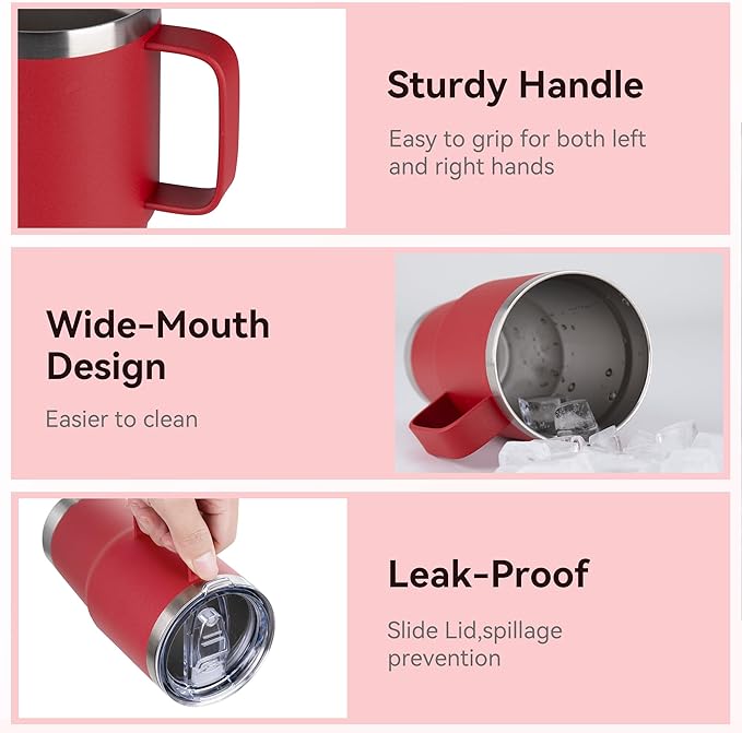 HASLE OUTFITTERS 20oz Tumbler Bulk with Lid, Stainless Steel Tumbler Bulk with Handle, Metal Insulated Travel Coffee Mug Set with Handle, Double Wall Vacuum Leak Proof Tumbler Cup, Red 12 Pack