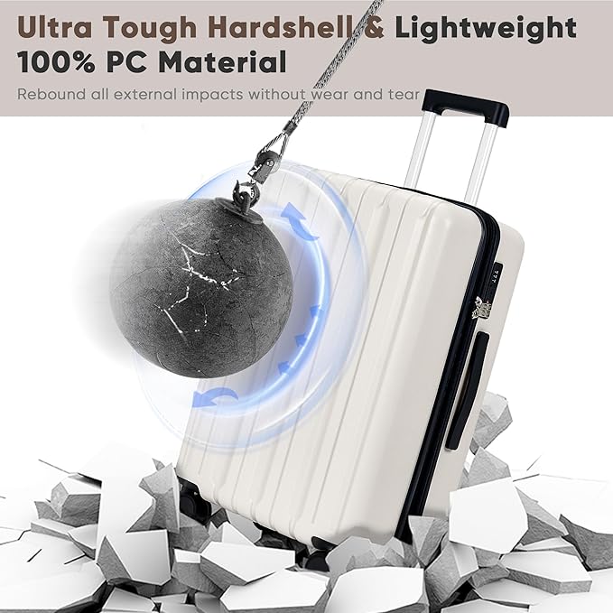 SHOWKOO Luggage Sets 3 Piece 100% PC Ultra Tough Hardside Expandable Suitcases Sets with TSA Lock Double Spinner Wheels (20in/24in/28in, White