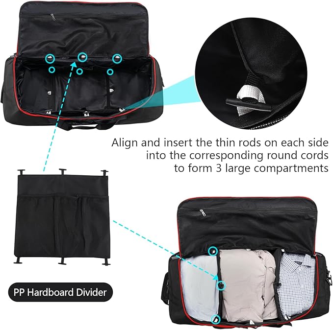 110L Expandable to 140L 32” Foldable Oxford Soft-Sided Rolling Duffle Bag with 2 Heavy-Duty Wheels,3 Large Compartments,Adjustable Shoulder Strap and Attached Organizer Pouch,Black Red