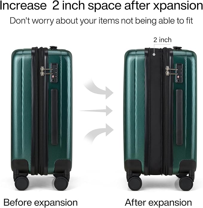 Hanke 20 Inch Expandable Carry on Luggage 22x14x9 Airline Approved Lightweight PC Hard Shell Suitcases with Wheels Travel Luggage Rolling Suitcase Travel Luggage Bag for Weekender(Blackish Green)