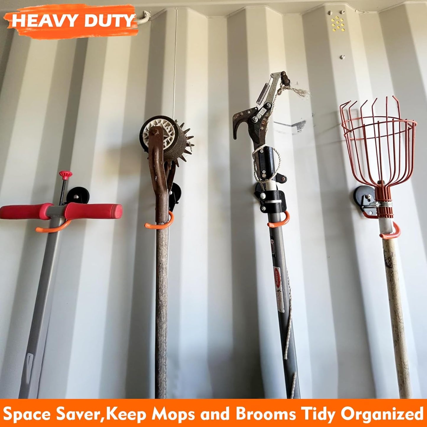 MUTUACTOR Magnetic Broom Holder,Non-Slip Garage Storage Hooks Heavy Duty,Strong Metal Hooks Magnetic Tools Holder for Snow Shovels Garage Racks Garden Hoes in Garden Warehouse(2Pack,Orange)