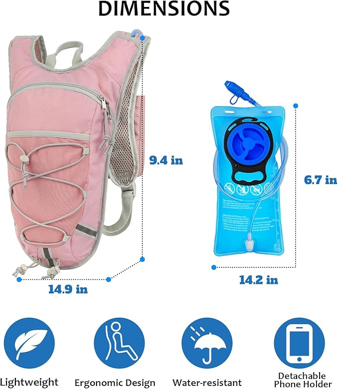 Lightweight Hydration Backpack 2L Water Bladder Pack for Running, Cycling, Hiking – Anti-Theft Water Backpack with Phone Holder, Trekking Pole Holder & Reflective Strips for Men & Women