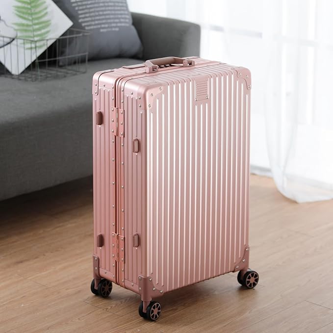 Metal All Aluminum Carry-on Luggage TSA Customs Lock Zipperless Silent Rotary Wheel Business Suitcase Aluminum Frame Set (rose gold, 28 '')