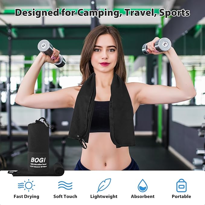 BOGI Microfiber Travel Sports Towel-Quick Dry Soft Lightweight Absorbent Compact for Camping Gym Beach Bath Yoga Swimming Backpacking (XL:72''x32''+16''x16''-Black)