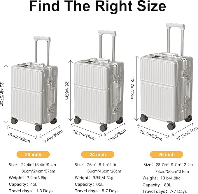 2-Piece Hardshell Zipperless Luggage Set, 20/26" Aluminum Frame Hardshell Spinner Luggage, Airline Approved Carry-On Luggage, TSA Lock, 360° Quiet Wheels With Cup Holder (White)