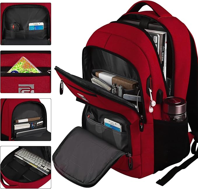 Laptop Backpack,Business Travel Anti Theft Slim Durable Laptops Backpack with USB Charging Port,Water Resistant College Computer Bag for Women & Men Fits 15.6 Inch Laptop and Notebook-Red