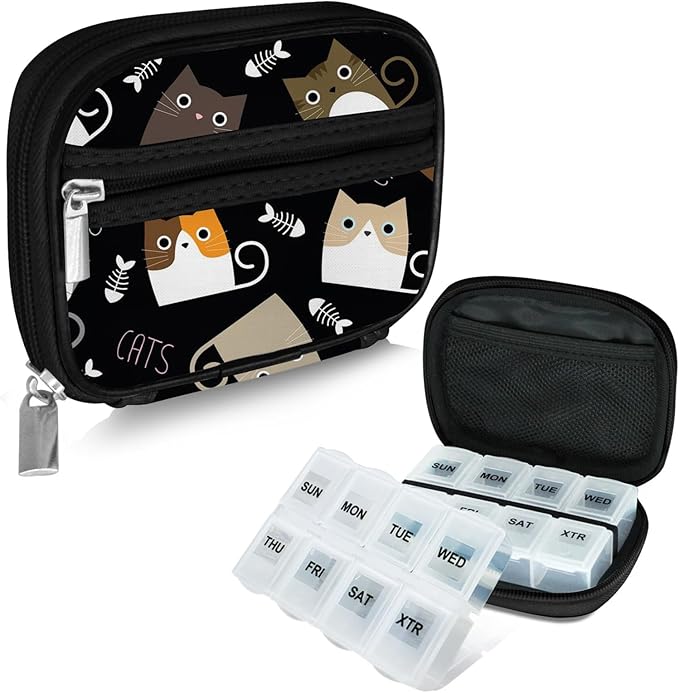 Serfeymi Weekly Travel Pill Organizer Pill Case for Purse with Removable 7 Day Pill Box, Fashionable Travel Medicine Organizer Pill Container for Medicine, Vitamin, Supplement - Black 03 + Pill Box