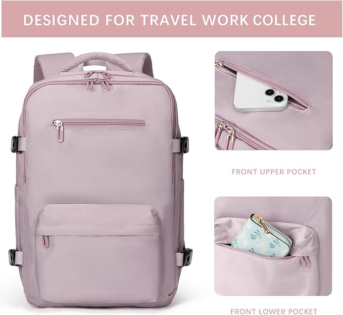 SHRRADOO Travel Laptops Backpack for Women Men, Casual Work Bag 17inch High School College Backpack Airline Approved Backpack for Hiking Business (Pink khaki)