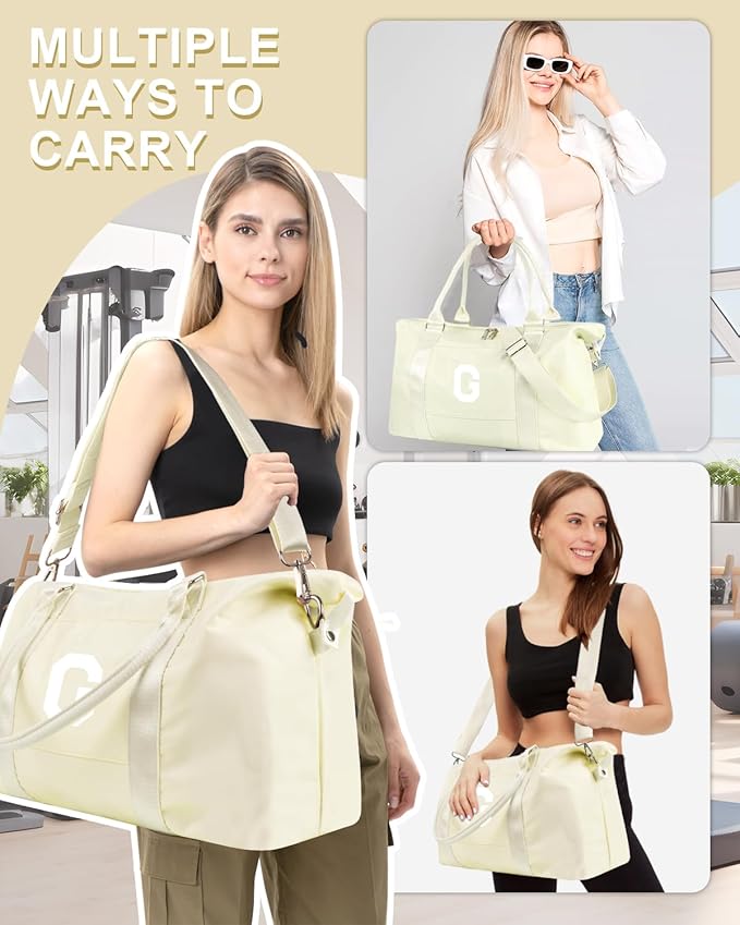 Initial Travel Duffel Bag Sports Gym Bag for Kids Teen Birthday Gifts,Beige Personalized Weekender Bag Carry On Dance Bags for Women Men,Waterproof Monogram Overnight Bag with Trolley Sleeve(Letter G)