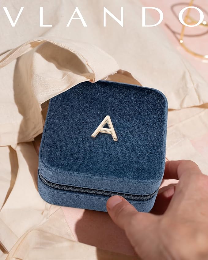 Vlando W Initial Jewelry Box, Women Travel Gifts - Dark Blue