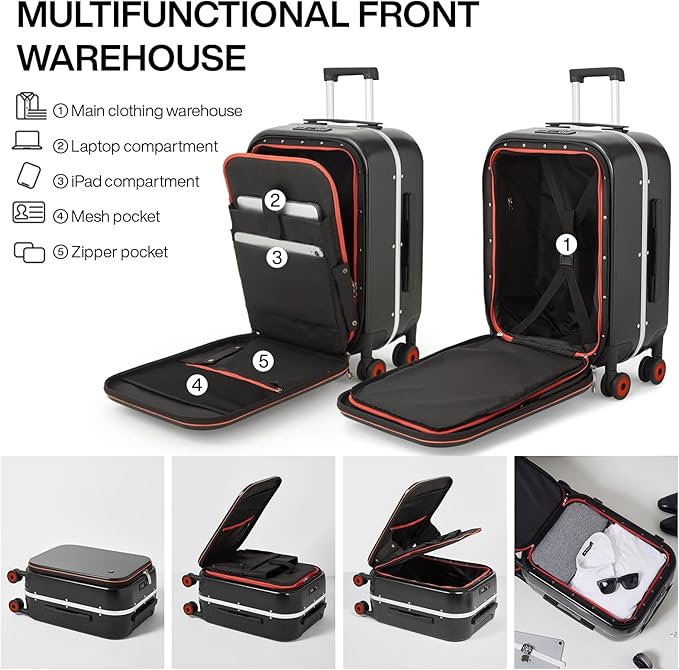 mixi Carry On Luggage, 20'' Suitcase with Front Laptop Pocket, Travel Rolling Luggage Aluminum Frame PC Hardside with Spinner Wheels & TSA Lock and Cover - Black Hollow Wheel