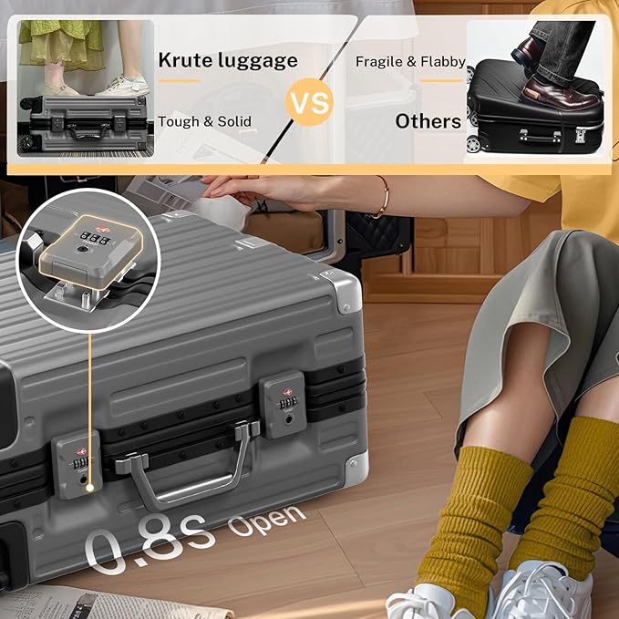 Krute Luggage 24 Inch Aluminum Frame Zipperless Suitcase with Spinner Wheels Checked Luggage PC+ABS Lightweight Hardshell