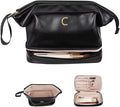Gifts for Friends Female Mom, Initial Makeup Bag, Personalized Double Layer Cosmetic Bag with Makeup Brush Organizer, Waterproof, Large Capacity PU Leather Travel Toiletry Bag, Gift for Wife