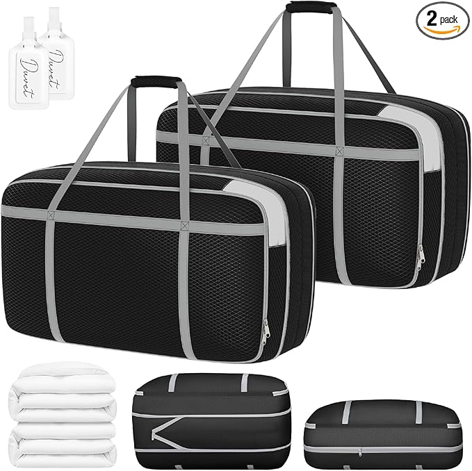 DIMJ Large Comforter Storage Bag with Handls, 100L Washable Blanket Storage, Compression Packing Totes Moving Bags With Zipper, Space Saving Containers For Pillow, Clothes, Bedding, 2 PCS