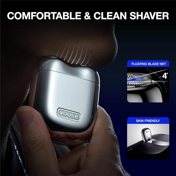 yoose Mini Shaver, Portable Alloy Electric Shaver for Men, Cordless Travel Shavers, Dry Shave, USB-C Rechargeable Electric Razor, IPX7 Waterproof, Easy Cleaning, Battery Indicator, Silver