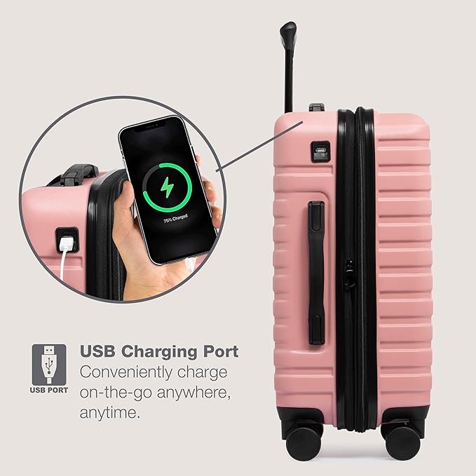U.S. Traveler Boren Polycarbonate Hardside Rugged Travel Suitcase Luggage with 8 Spinner Wheels, Aluminum Handle, Pink, 3-Piece Set, USB Port in Carry-On