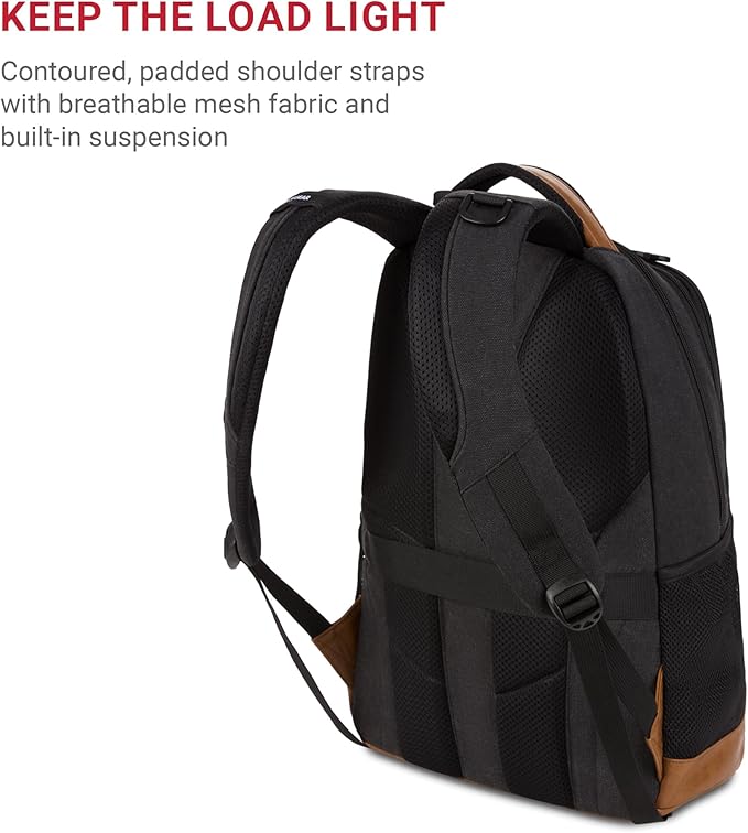 SwissGear 5505 Cecil 16” Laptop Backpack Black Canvas/Brown – Daily Laptop Bag with Gear Attachment Options – Multiple Organizer Pockets & Padded Shoulder Straps