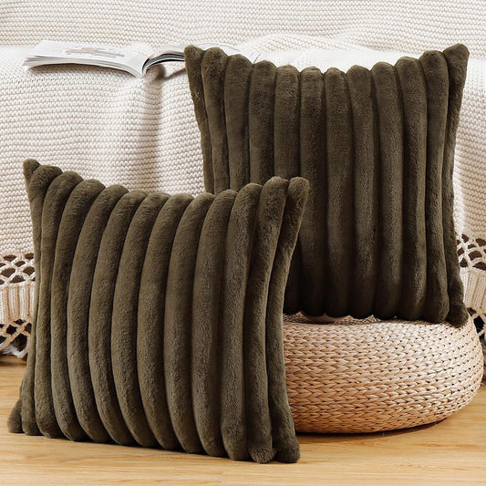 MADIZZ Set of 2 Faux Wool Plush Decorative Throw Pillow Covers 18x18 Inch Drak Brown Fluffy Striped Soft Decorative Cushion Cover for Sofa Bedroom Pillow Shell