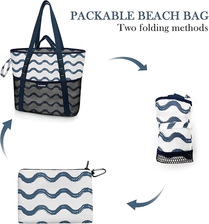 Beach Bag with Zipper - 8 Pockets Sandproof Beach Tote Bag for Women,Foldable Lightweight Family Swim Bag Vacation
