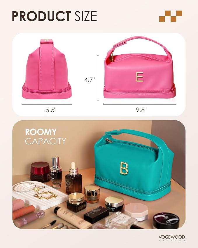 Women Presents Teacher Gifts, Personalized Makeup Bag with Handle, Initial Double Layer Cosmetic Bag with Makeup Brush Organizer, Cute Cosmetic Pouch for Women, Gift for Friends Female Mom