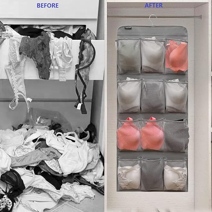 Dual Sided Hanging Shoe Organizer for Closet with Rotating Hanger Hanging Shoe Rack Holder with 24 Large Pockets (Grey-Mesh Pockets)