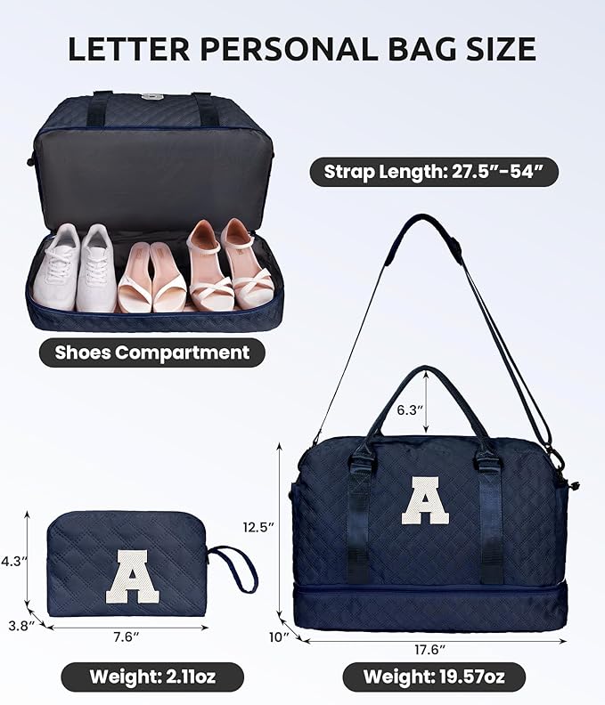 Gifts for Granddaughter-Initial Duffle Bag with Shoe Compartment, Personalized Weekender Bag, Monogram Overnight Bag, Letter Travel Bag with Makeup Bag，Daughter Friend Gifts (Letter S)