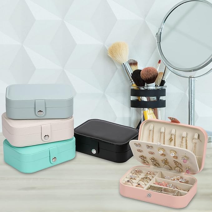 Travel Jewelry Box, PU leather Small Jewelry Organizer For Female Girls, double layer portable mini travel case for storing earrings, rings, necklaces.(Pink)