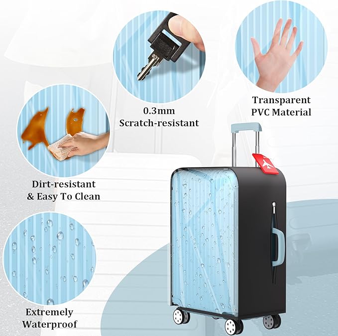 Upgraded Transparent TPU Luggage Cover Protector with Black Stretchable Sides, Fit 24 Inch Wheeled Case TSA Approved, Waterproof & Anti-Scratch, Includes Free Red Luggage Tag