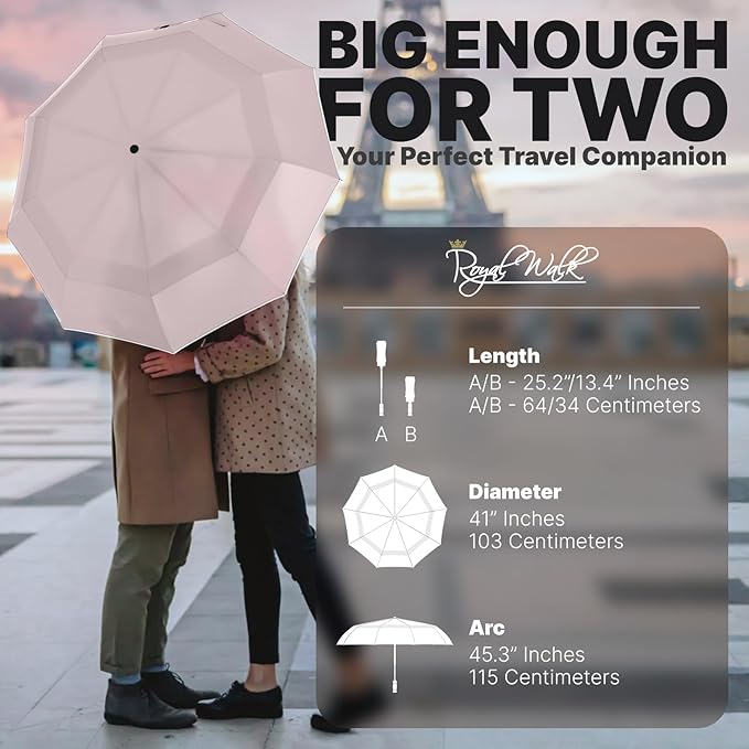 Royal Walk Windproof Folding Travel Umbrella Compact and Strong Luxurious Real Wood Handle Automatic Open Close Vented Double Canopy for Men and Women