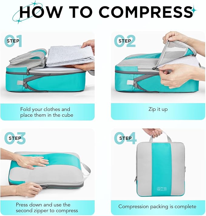 10 Set Compression Packing Cubes for Travel Essentials,Compressible Expandable Packing Cubes for Suitcase,OlarHike Luggage Organizer Bags for Travel,Handy Helper for Organizing Clothes(Blue Green)